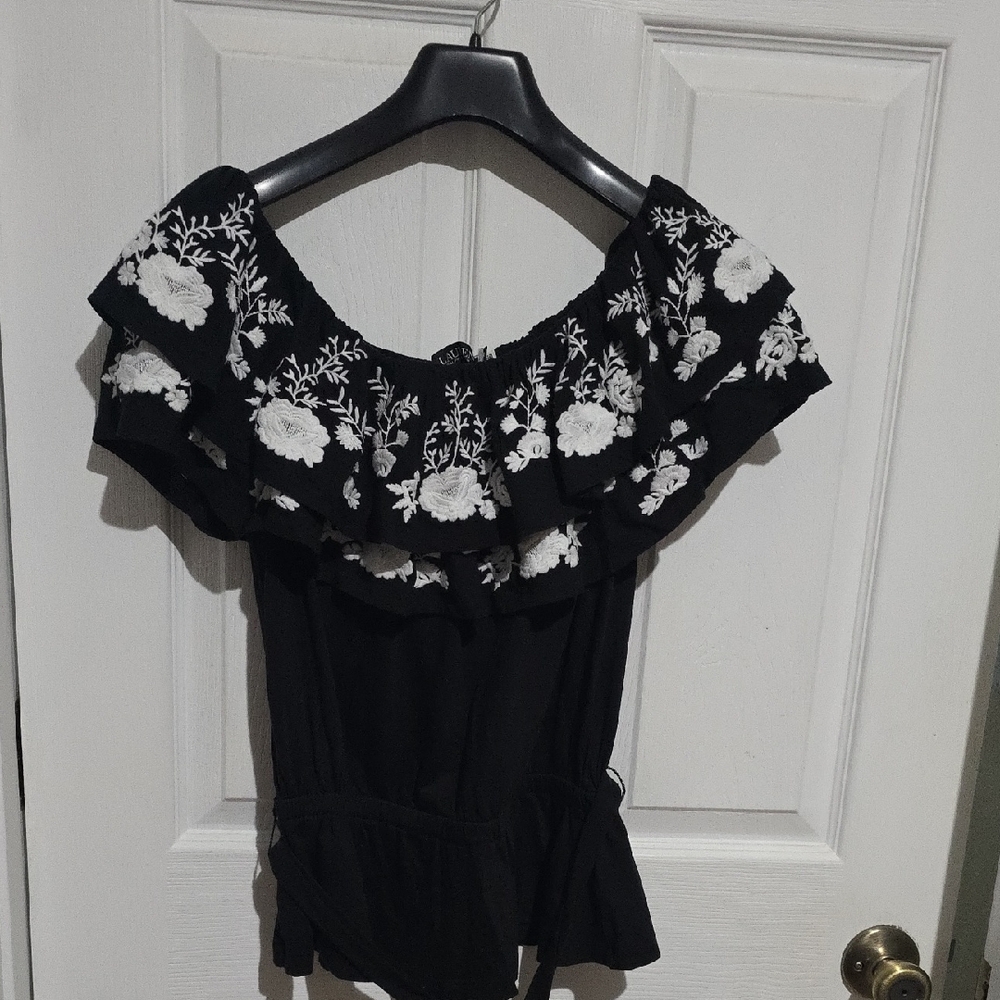 Lauren Ralph Lauren Black Blouse with White Floral Design